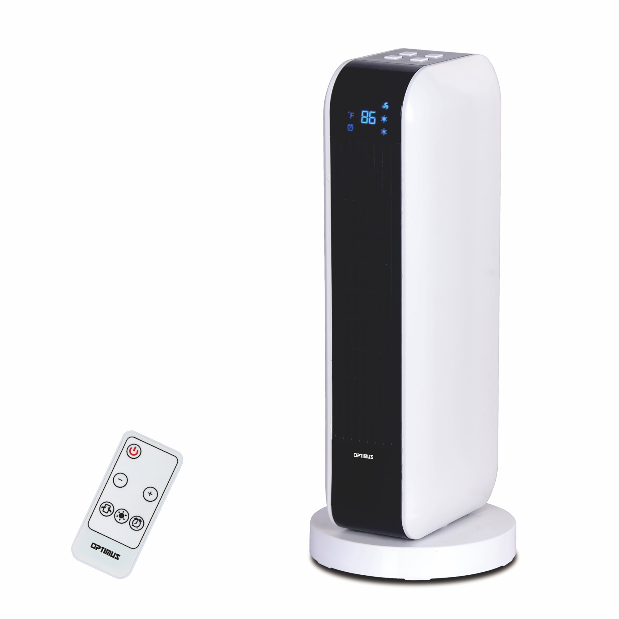 Optimus H-7319 1500 Watts 17" Oscillating Tower Heater, Digital Remote Control, 8-Hours Timer and 50-95°F Temperature Settings and Display, 75° Oscillation, Thermal Cut-Off Safety Switch